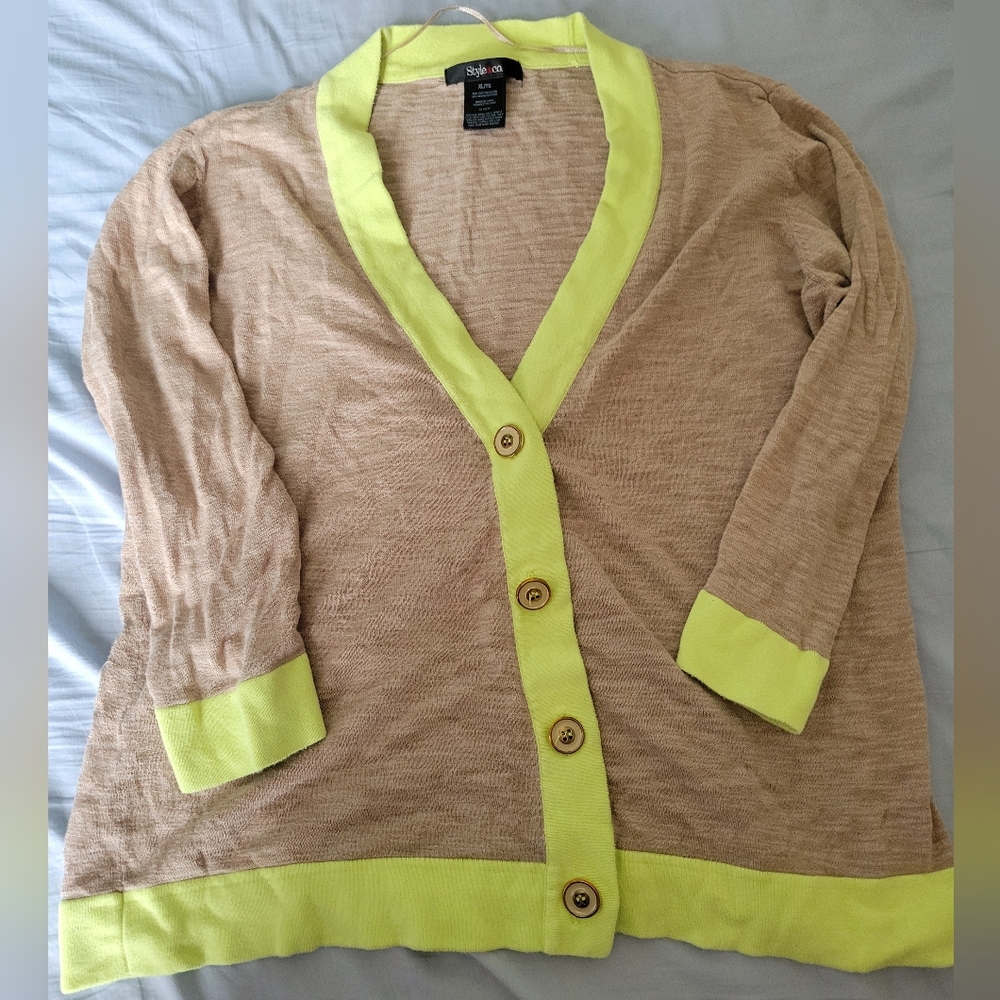 Style & Co. Tan and Chartreuse Cardigan Sweater